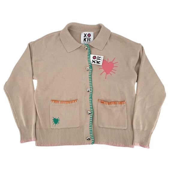 NWT XOKR Kerri Rosenthal Knit Hearts & Smiles Beige/Tan Cardigan Size SMALL - Picture 1 of 12